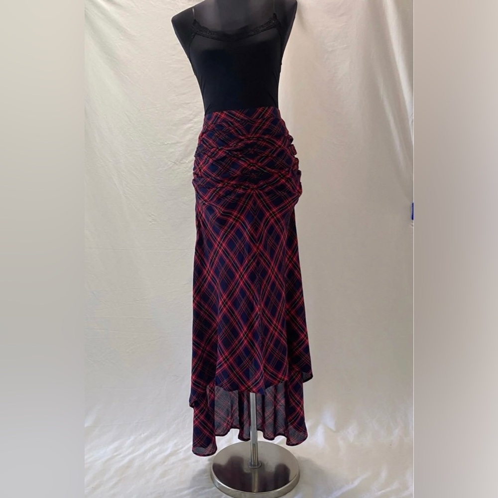 Multicolor Plaid Asymmetrical Ruched High Low Skirt